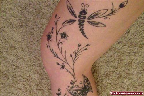 Grey Ink Butterfly And Dragonfly Left Leg Tattoo