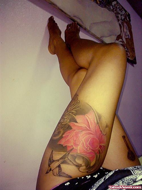Flying Bird And Pink Rose Left Leg Tattoo