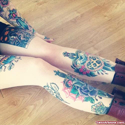 Dagger Heart And Dagger Rose Leg Tattoos