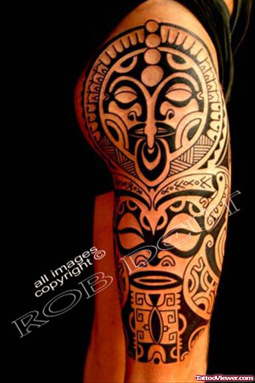 Black Ink Maori Leg Tattoo