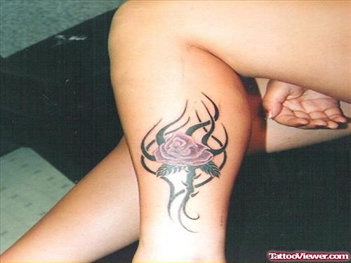Tribal and And Rose Flower Left Leg Tattoo