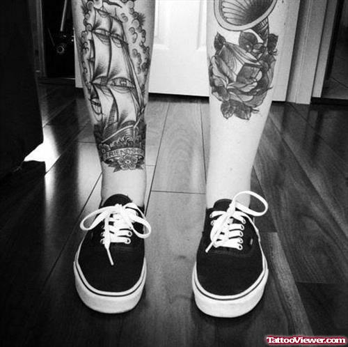 Ship And Music Tape Leg Tattoos