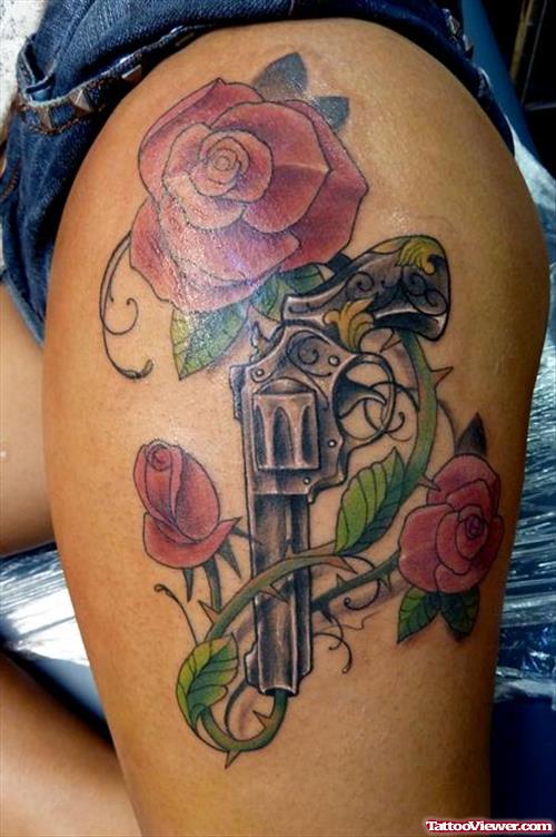 Red Rose Flower And Leg Tattoo