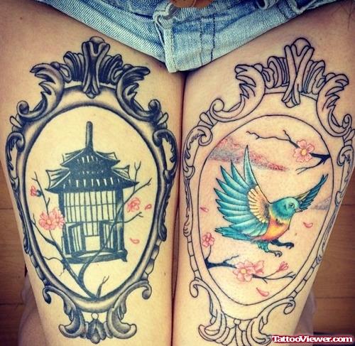 Flying Bird And Cage Leg Tattoos