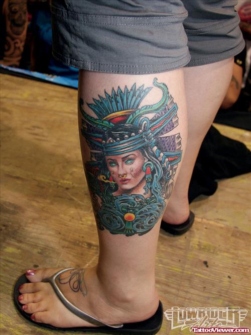Colored Ink Native Girl Left Leg Tattoo