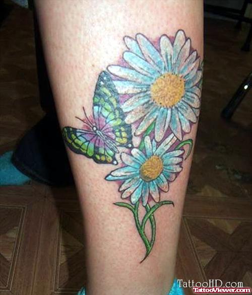Colored Butterfly And Blue Rose Flowers Leg Tattoo