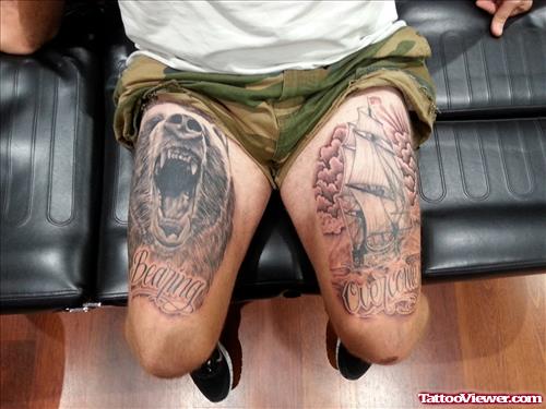 Ship And Bear Head Leg Tattoos