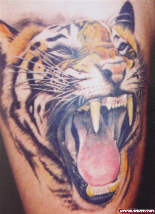 Roaring Tiger Head Leg Tattoo