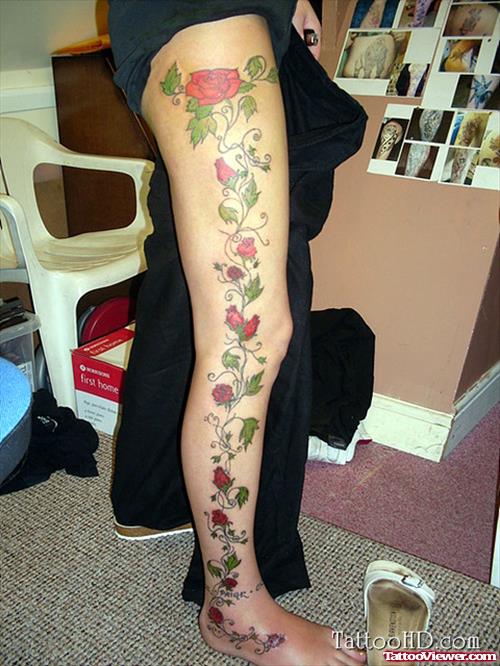 Red Rose Flowers Leg Tattoo