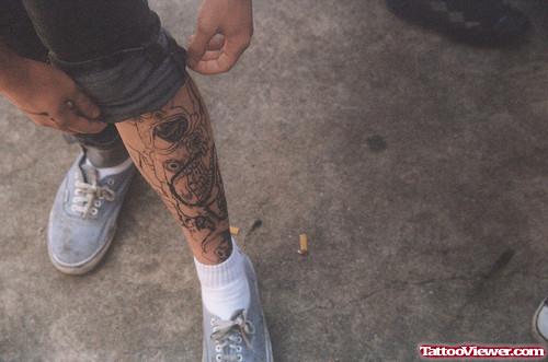 Grey Ink Scary Left Leg Tattoo