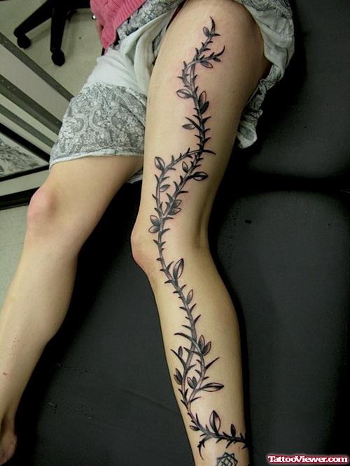 Grey Ink Flowers Leg Tattoos For Girls