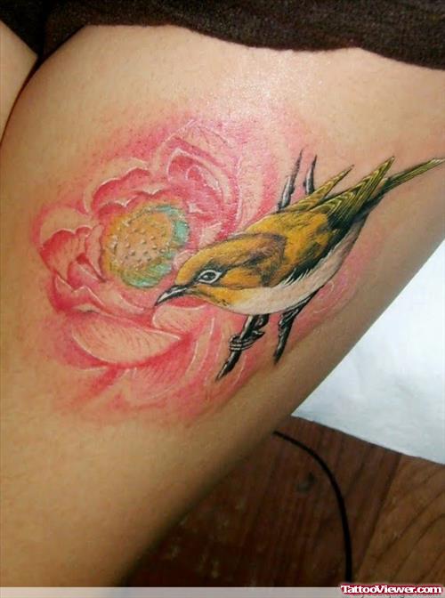 Color Bird And Pink Flower Leg Tattoo