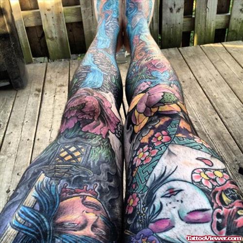Amazing Colored Flowers Leg Tattoos