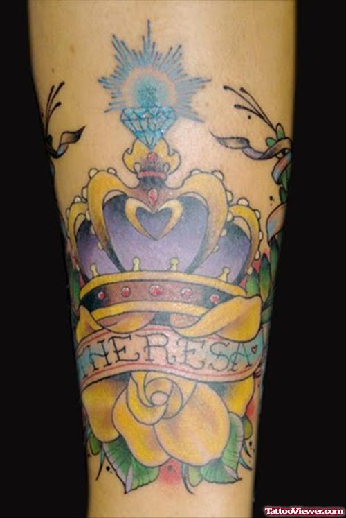 Yellow Rose And Crown Leg Tattoo