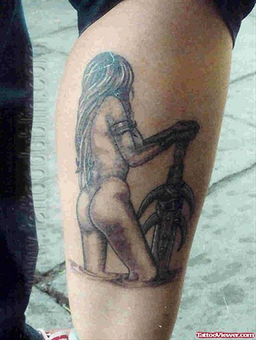Warrior Girl With Sword Tattoo On Leg