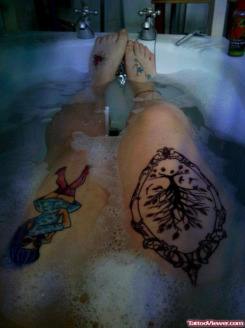 Stylish Girl And Tree Leg Tattoos