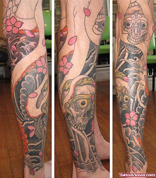 Skull And Japanese Flowers Leg Tattoo