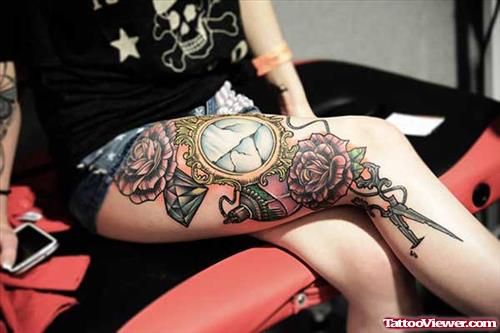 Rose Flowers Diamons And Clock Leg Tattoo