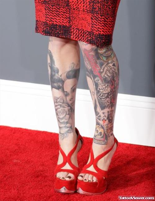 Rose And Girl Head Leg Tattoo