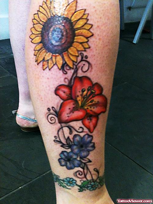 Lily & Sun Flower Leg Tattoo