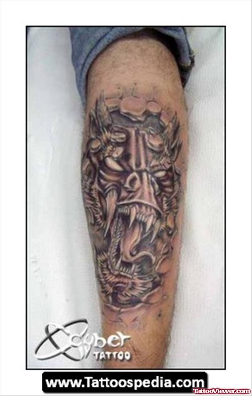 Grey Ink 3D Dragon Head Leg Tattoo
