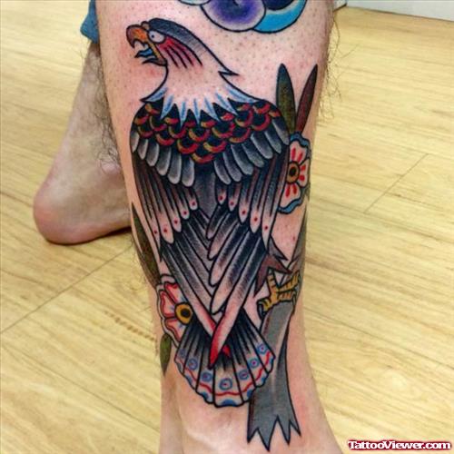 Flowers And Eagle Leg Tattoo