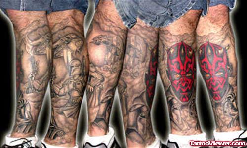 Warrior And Red Demon Leg Tattoo