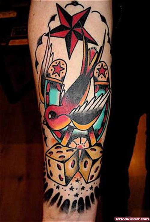 Swallow, Dice And Horseshoe Leg Tattoo