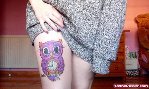 Purple Owl Leg Tattoo