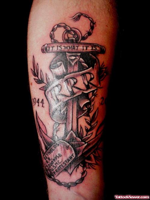 Memorial Anchor With Banner Leg Tattoo