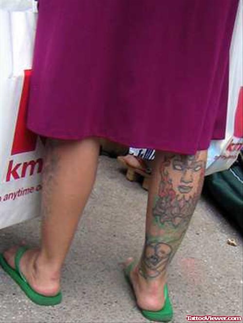 Lotus And Buddha Back Leg Tattoo
