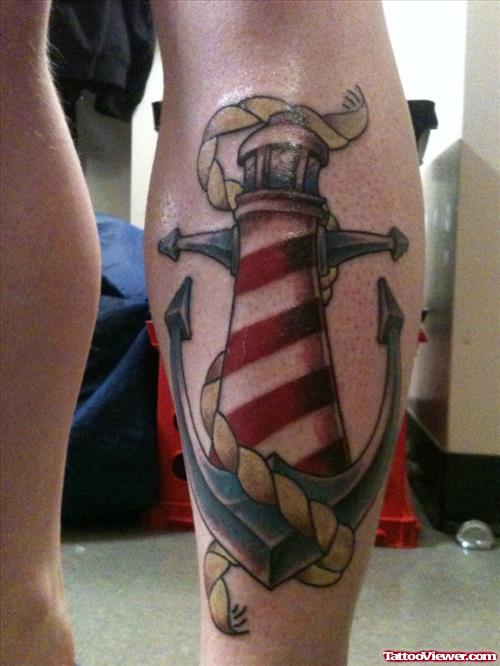 Lighthouse Anchor Back Leg Tattoo