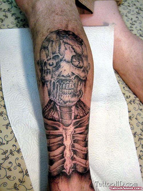 Grey Ink Skeleton Leg Tattoos