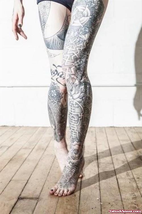 Grey Ink Leg Tattoos For Girls