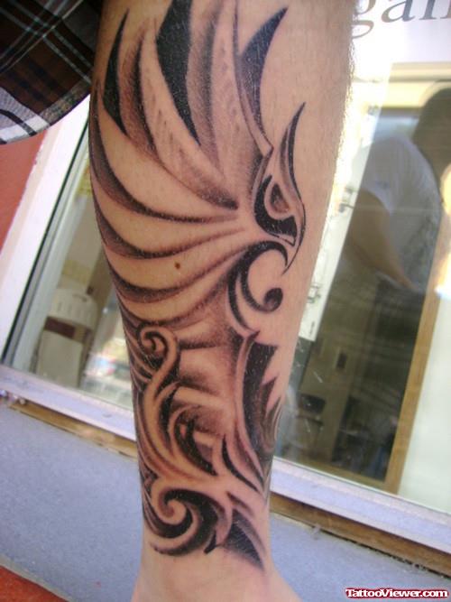 Grey And Black Ink Tribal Leg Tattoos