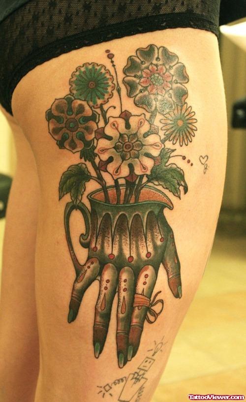 Flowers And Hand Side Leg Tattoo