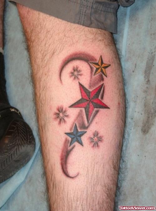 Colored Nautical Stars Leg Tattoo