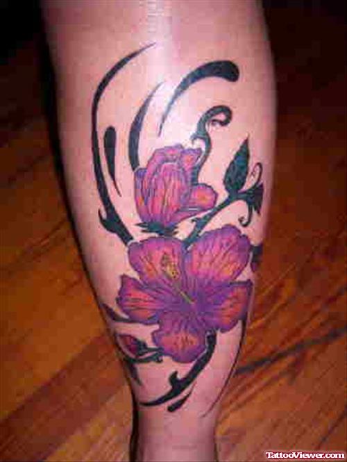 Colored Ink Flower Leg Tattoo