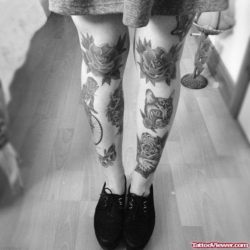 Rose Flowers And Cat Head Leg Tattoos