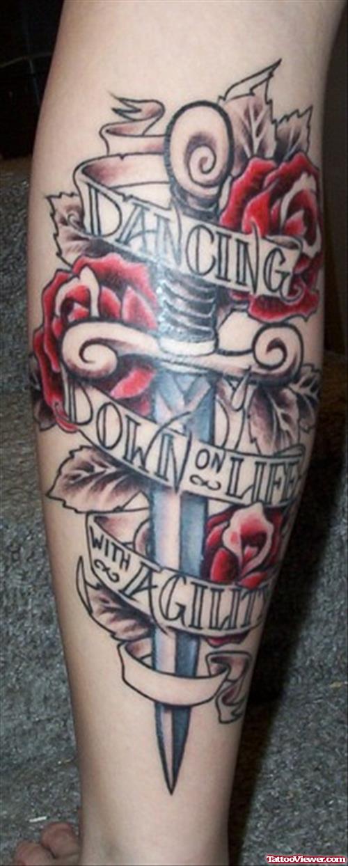Red Roses With Banner And Dagger Leg Tattoo