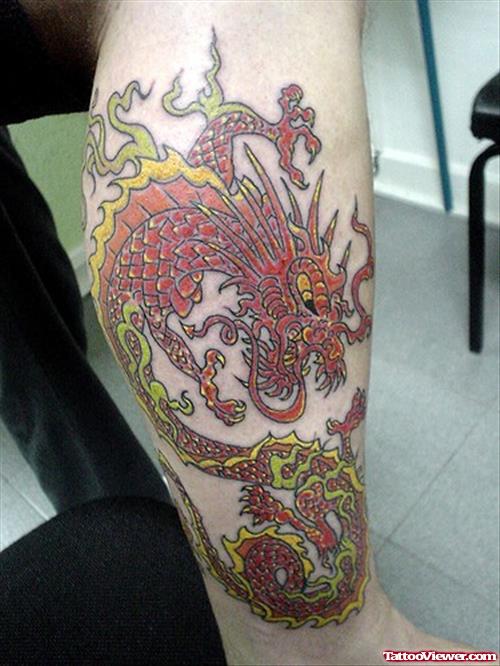 Red Dragon Tattoo On Right Leg Tattoo