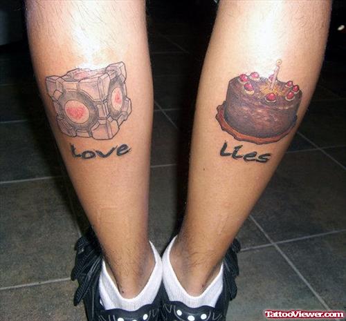 Love Lies Cake Back Leg Tattoos