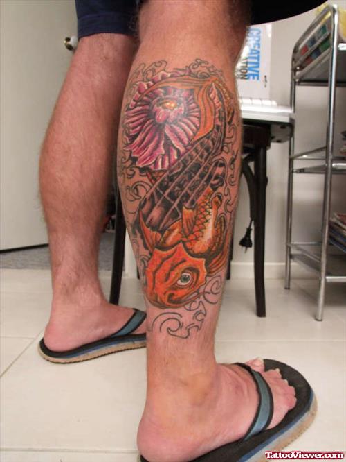 Koi And Flower Leg Tattoo