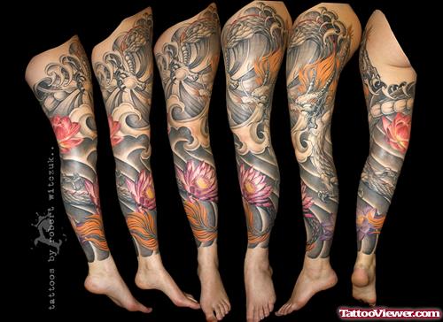 Japanese Lotus Flower And Dragon Leg Tattoo