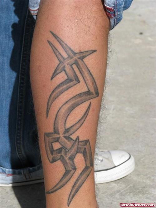 Grey Ink Tribal Right Leg Tattoo