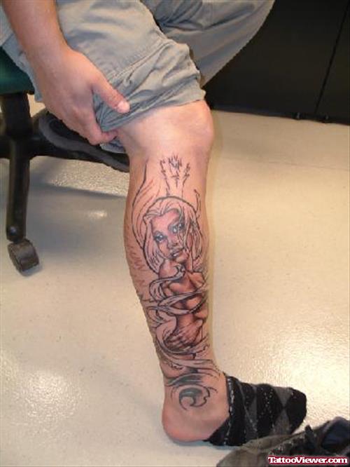 Grey Ink Angel Right Leg Tattoo