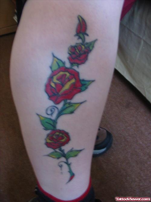 Classic Red Rose Flowers Leg Tattoo
