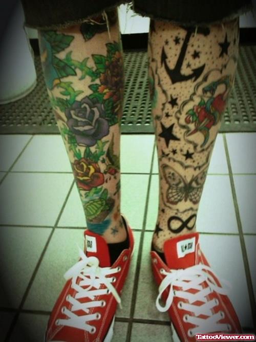 Rose Flowers And Leg Tattoos