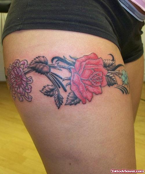 Red Rose Flower Leg Tattoo