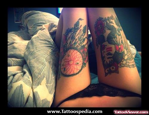 Owl And Dreamcatcher Leg Tattoos
